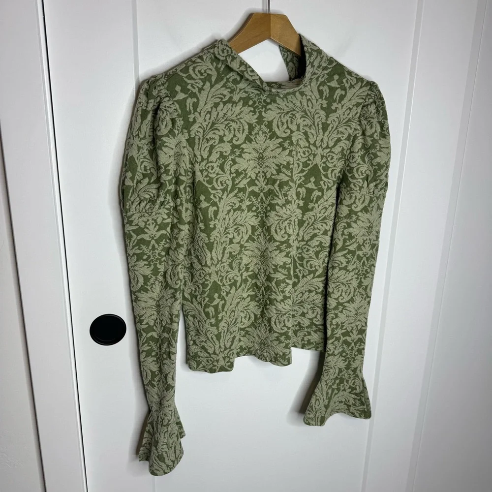 Anthropologie Puff Sleeve Turtleneck Jacquard Top Green Floral Ribbon Medium